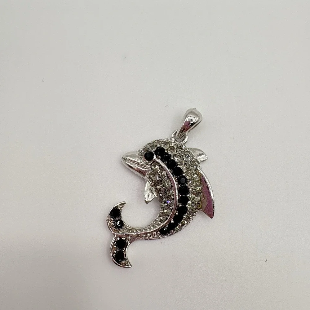 Vintage‎ Dolphin Pendant Silver Tone With Black And Clear Rhinestones